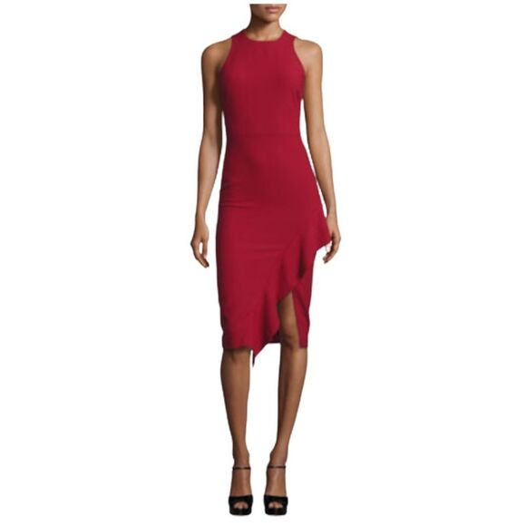 ☀️❄️cinq a sept Piper Ruffle Midi Asymmetrical Dress in Pomegranate Sz 4 - Picture 2 of 13